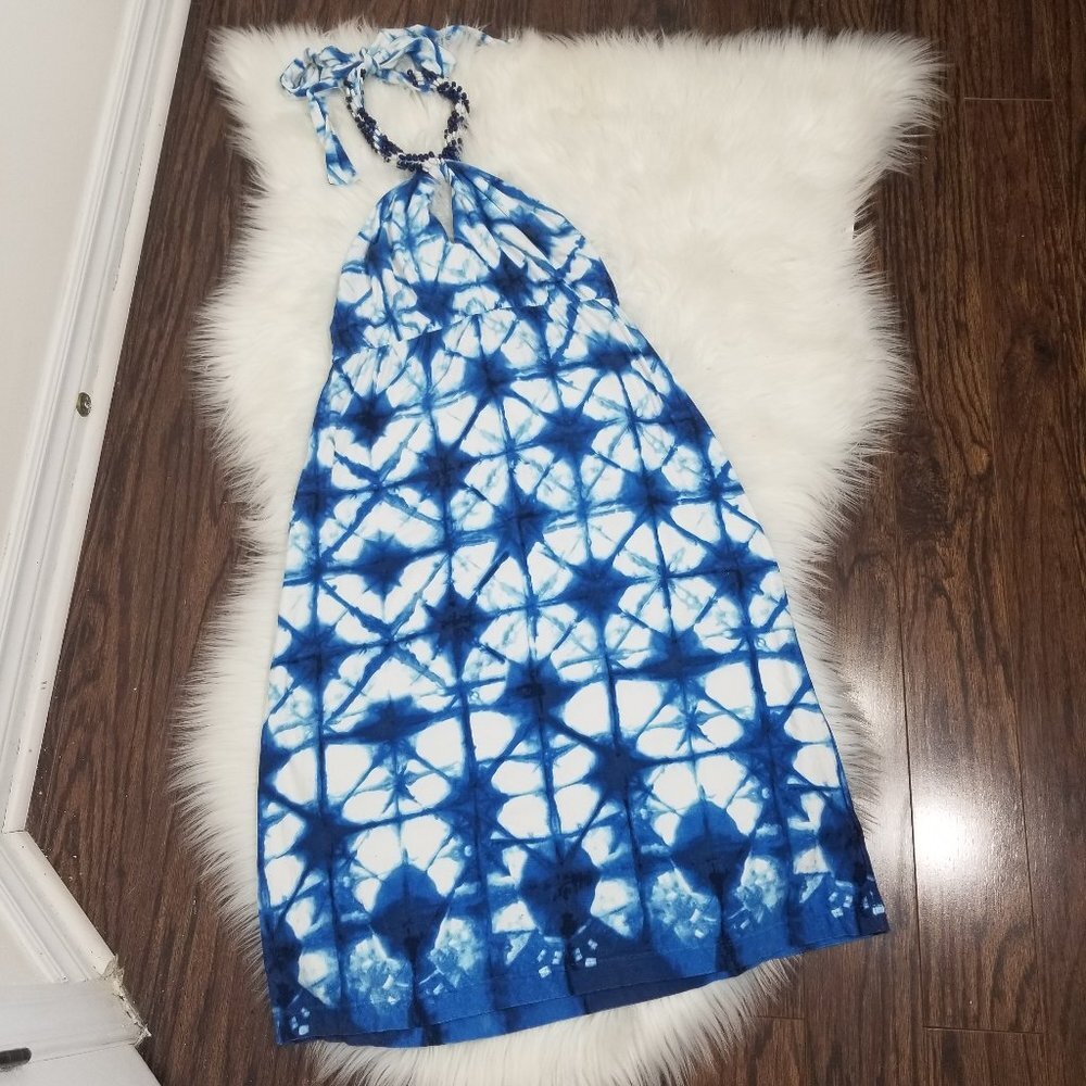 Boston Proper Blue White Tie Dyed Shibori Print Breaded Halter Dress Size 2